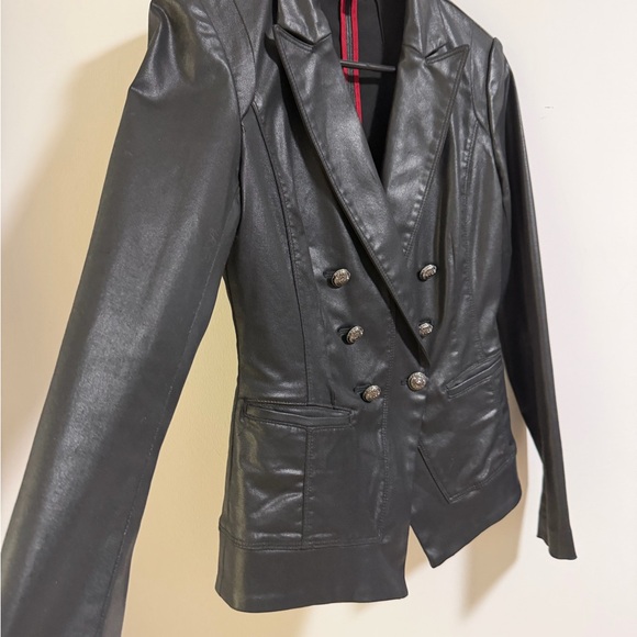 Women's Double-Breasted Coated Black Denim Jacket - looks like leather - Picture 4 of 16